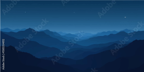 Minimalist night sky with mountain silhouettes and deep blue layered horizon view