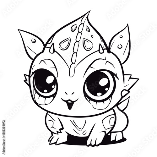 A black and white drawing of a Horned Toad kawai coloring page illustration.