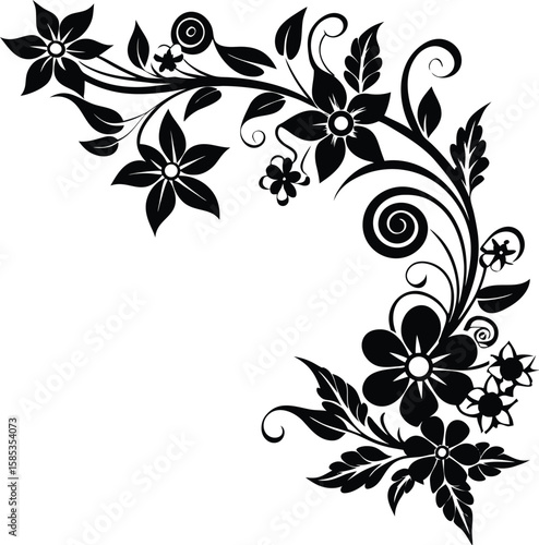 Upper Corner Floral Swirl in Silhouette with Blooms