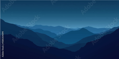 Blue twilight mountain landscape illustration with serene layered hill silhouettes
