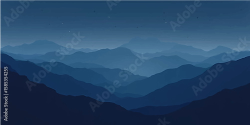 Mountain landscape with layered peaks and drifting clouds under a soft sky