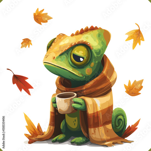 Vector illustration of a sad, sorrowful chameleon with big eyes in a plaid scarf holding a hot drink, surrounded by autumn leaves on a white background, 
isolated on white background