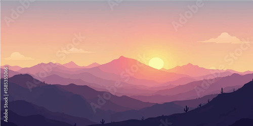 Radiant Golden Sunset Over Vibrant Hills with Smooth Gradient Layers and Silhouettes