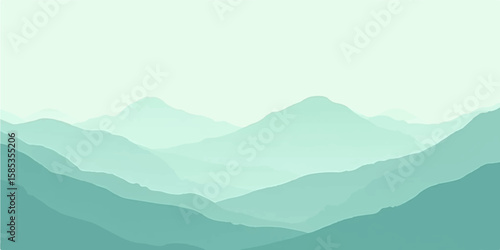 Misty Green Mountain Illustration with Layered Depth and Tranquil Scenic Horizon