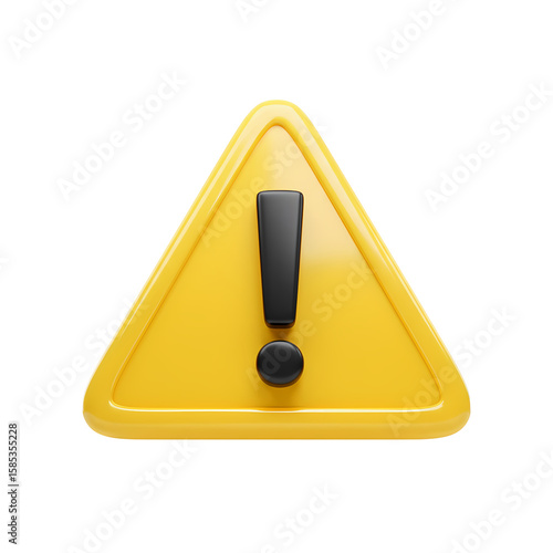 A glossy yellow caution sign showcases a black exclamation point against a transparent background, symbolizing danger and alerts.