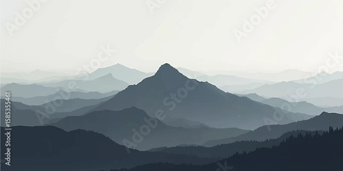 Dramatic Dark Mountain Silhouette in Layered Misty Style with Soft Beige Sky Background