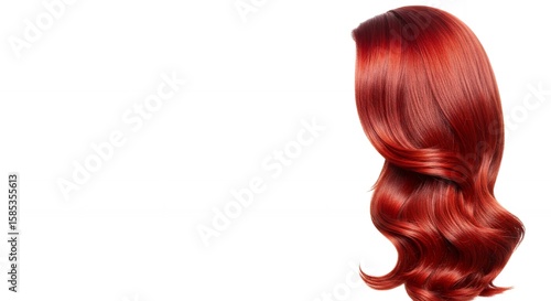 Luxurious, vibrant red hair with soft waves, a stunning hairstyle for beauty and fashion, showcasing healthy, shiny, and glossy locks against a white background.