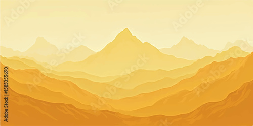 Majestic orange mountain peak surrounded by glowing layered hills at sunrise