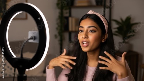 Energetic Young Woman Live Streaming,  Ring Light,  Home Studio,  Expressive Gestures,  Dynamic Video Blog