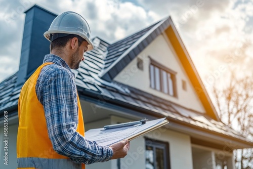 Property inspection consultancy, construction inspector checking a house for defects on behalf of a client before final approval, Generative AI
