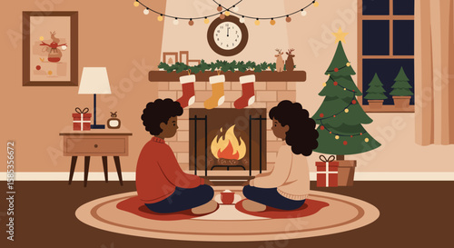 Siblings by Fireplace in Cozy Holiday Living Room – Flat Vector Style
