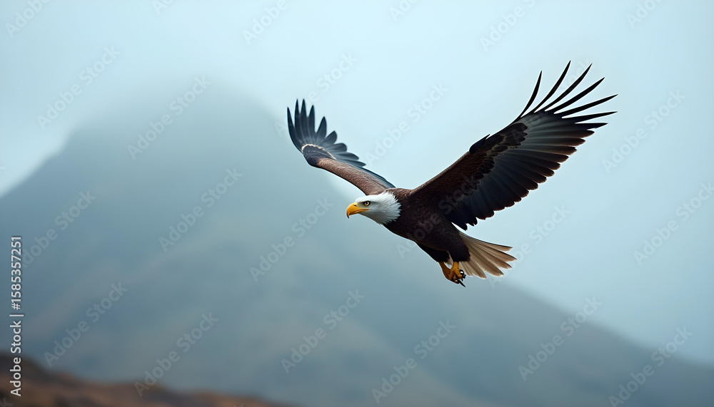 Fototapeta premium Graceful Eagle in Flight – Sunrise Over Misty Mountain