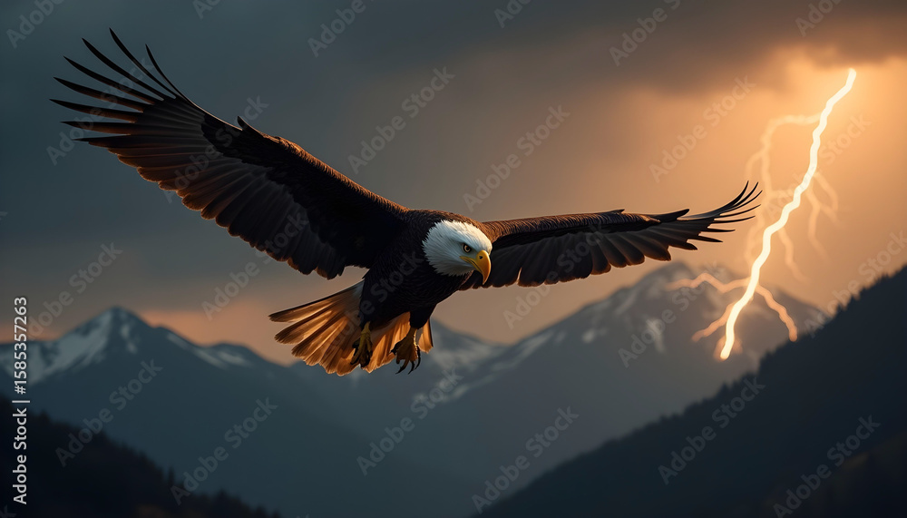 Naklejka premium Graceful Eagle in Flight – Sunrise Over Misty Mountain