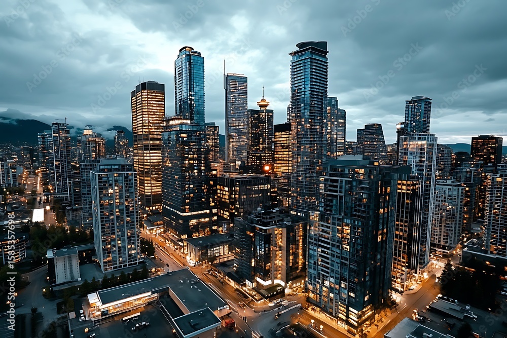 Obraz premium Evening skyline over vancouver cityscape photography urban environment aerial view modern architecture