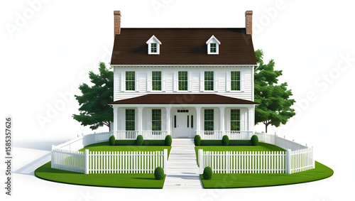 White house with brown roof and white fence isolated on transparent background  