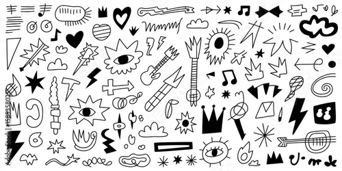 Hand Drawn Rock Punk Music Icon Set – Grunge Tattoo Doodle Elements with Crayon Brush Stroke, Lightning, and Music Star Sketch Vector Illustration

