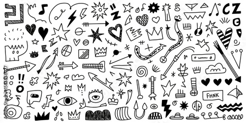 Hand Drawn Rock Punk Music Icon Set – Grunge Tattoo Doodle Elements with Crayon Brush Stroke, Lightning, and Music Star Sketch Vector Illustration

