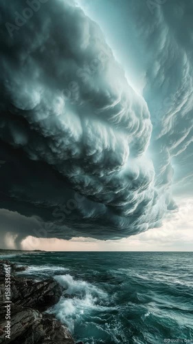 Dramatic cloud formation over sea. Stormy weather conditions.