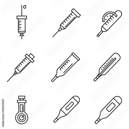 Collection of medical icons featuring syringes thermometers and health related illustrations