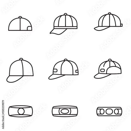 Collection of outlined baseball caps and hat designs in a modern and minimalist style