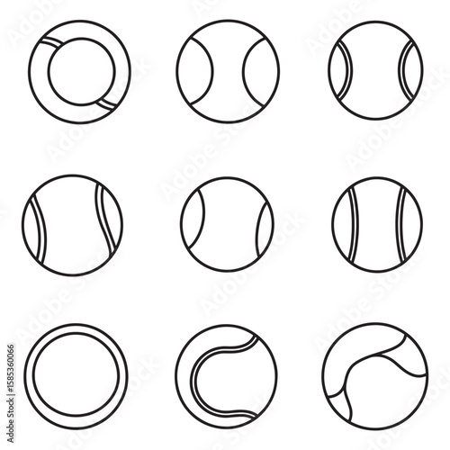 Collection of outlined tennis balls and other sport equipment circles on white background