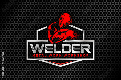 Professional logo design for a metal work workshop.  Features a welder at work. Vector illustration.