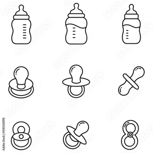 Minimalist black and white outlined illustrations of baby bottles and pacifiers for infants