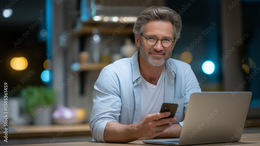 A productive mature man using laptop and smartphone in kitchen office A productive mature man using laptop and smartphone in kitchen office