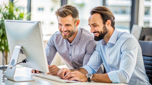 Young businessman working on laptop in office setting