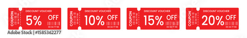red discount gift coupon voucher ticket designs set 5, 10, 15, 20% off iconic barcode layout