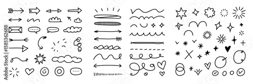  Arrow, Circle, Star Brush Vector Set – Sketch Style Doodle Elements with Underline and Scribble Strokes for Creative Vector Artwork and Illustrations