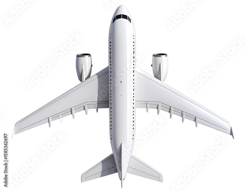 A - 3D Render of White Passenger Airplane Seen from Above with Soft Shadows, Transparent PNG
