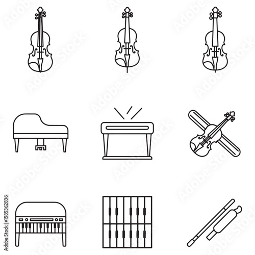 Set of musical instruments outlined in black featuring violins, piano, and other related elements
