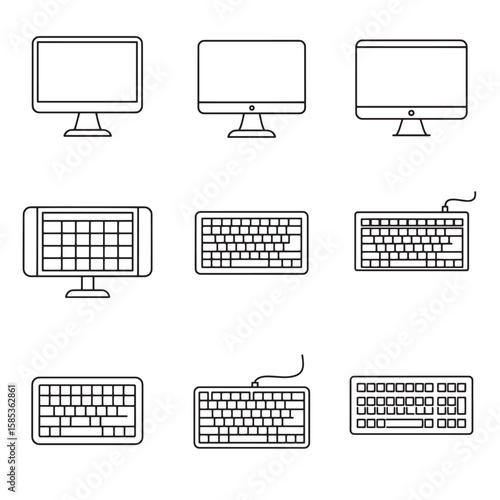 Set of modern computer monitors and keyboards in a minimalist black and white design