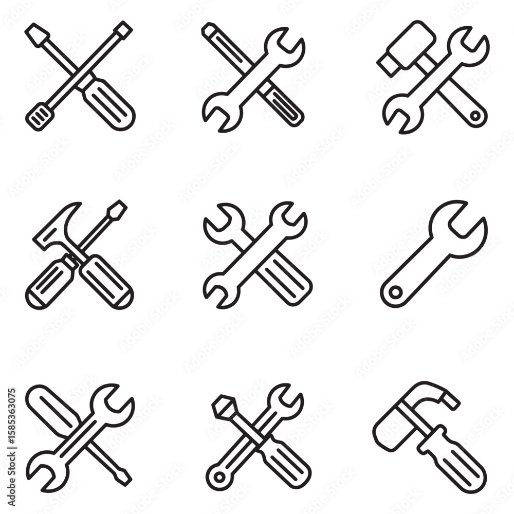 Set of simple outline illustrations depicting various essential hand tools for construction and repair