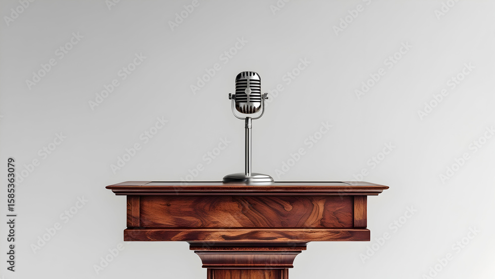 Obraz premium Wooden podium with microphone isolated on transparent background 