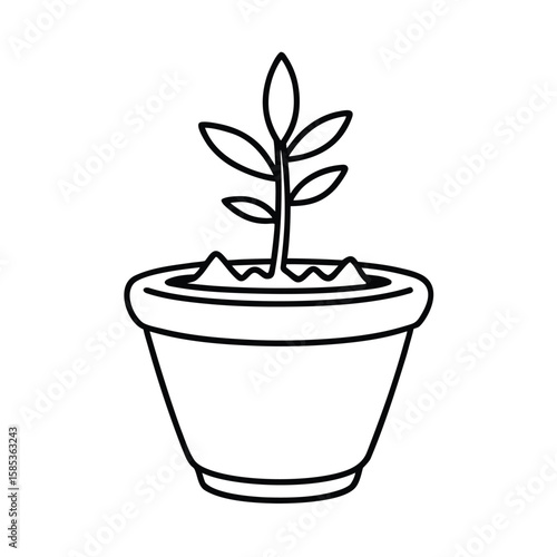 Minimal earthen pot with sprouting plant symbolizing organic farming and growth vector line art on white background