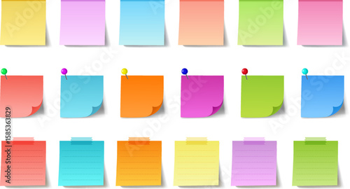 Colorful sticky notes and tacks on white background vector illustration, office sticker set, blank sticky note template