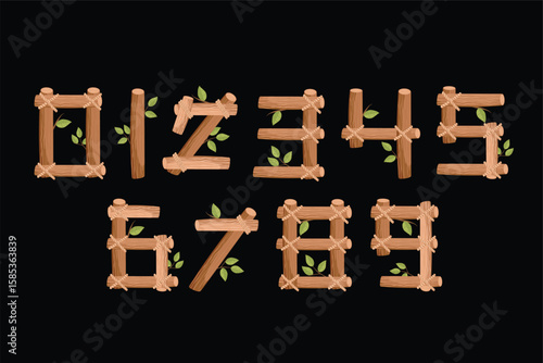 Wooden Branch Vector Numbers. Rustic numbers made of wooden sticks and green leaves, perfect for nature, forest, adventure, and eco-themed design projects.