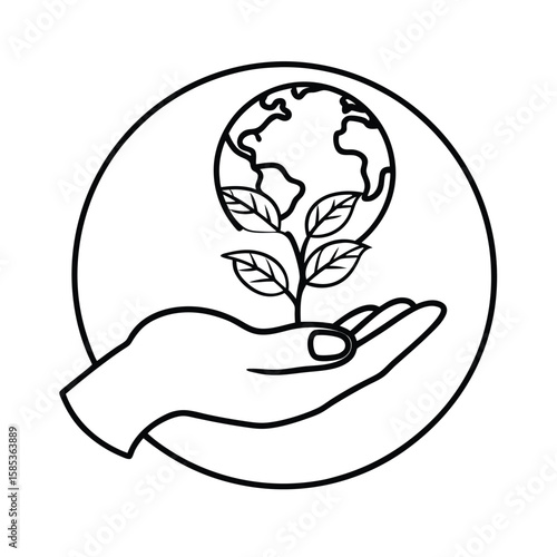 Monoline earth sprouting sapling held in hand symbolizing global reforestation vector line art on white background