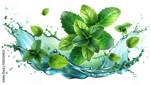 Fresh mint leaves splashing through cool water droplets and waves isolated on transparent background