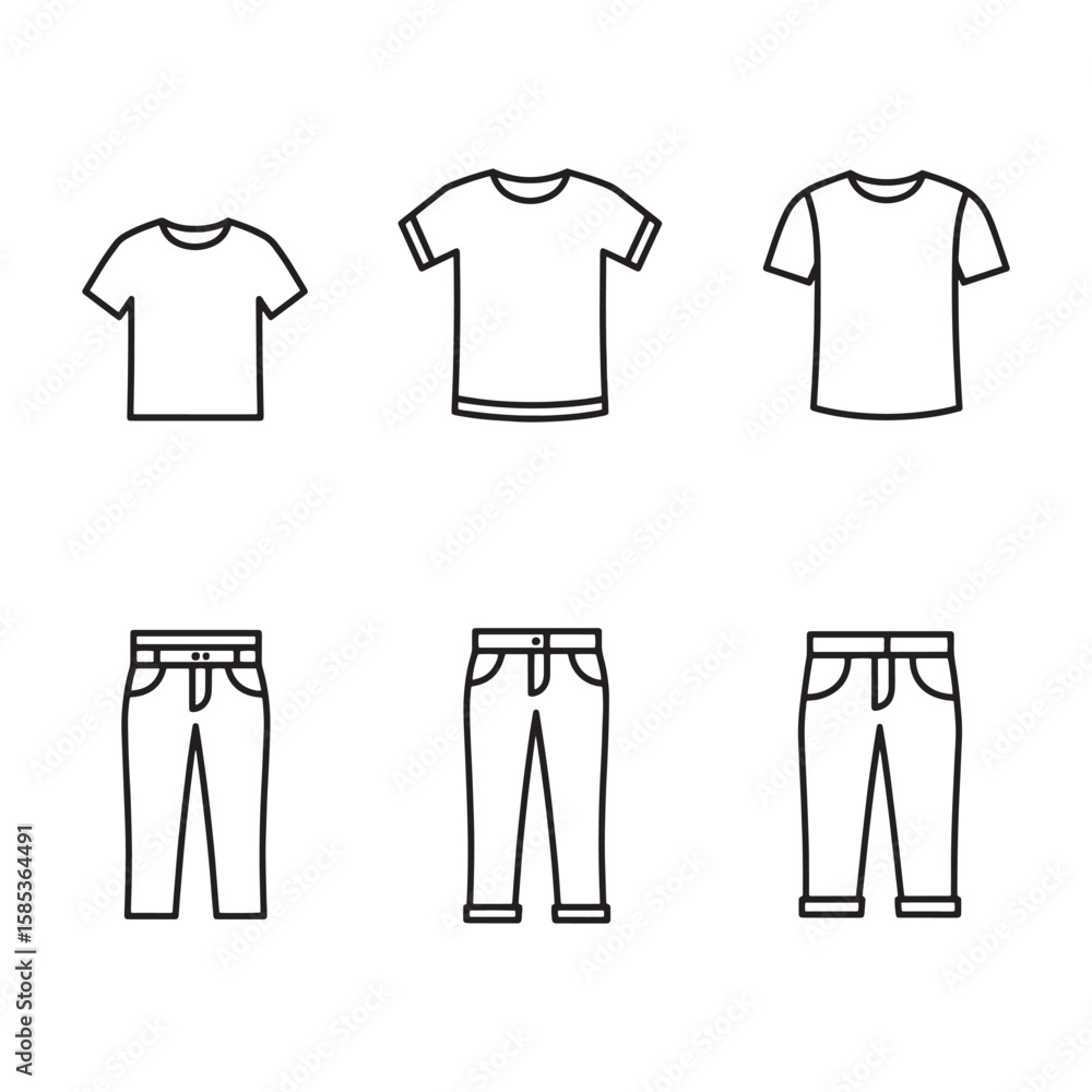 Naklejka premium Simple minimalist clothing outline illustrations of t shirts and jeans for fashion concepts