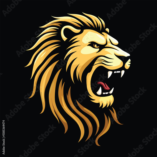Roaring Lion Head with Golden Mane on Black