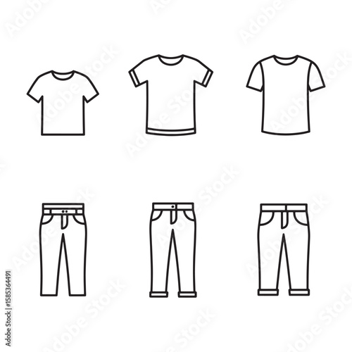 Simple minimalist clothing outline illustrations of t shirts and jeans for fashion concepts