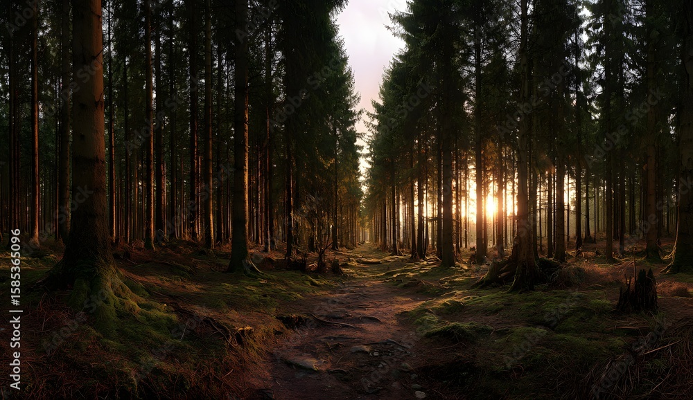 Obraz premium Forest Sunlight Through Tall and Silent Trees