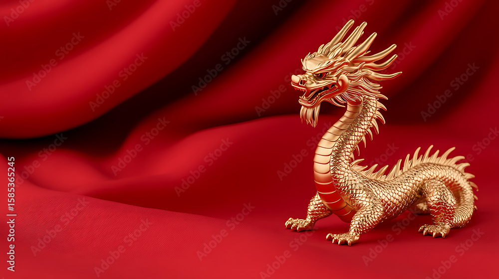 Fototapeta premium Golden dragon figurine on draped red fabric, detailed scales and intricate design evoke cultural richness and symbolic power.
