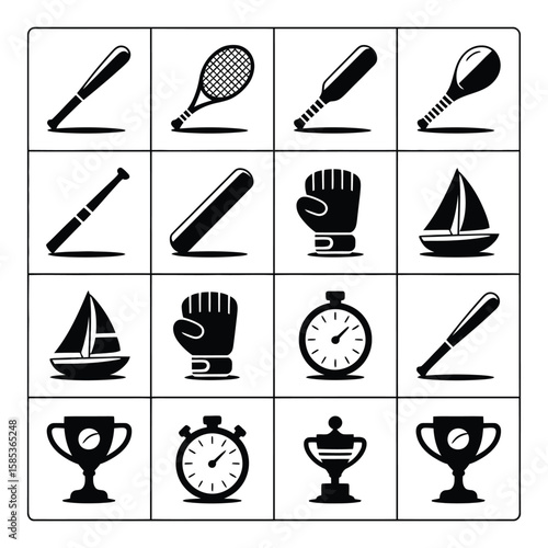 A black and white image of a tennis racket and a cup with a ball  clock and trophy in it.
