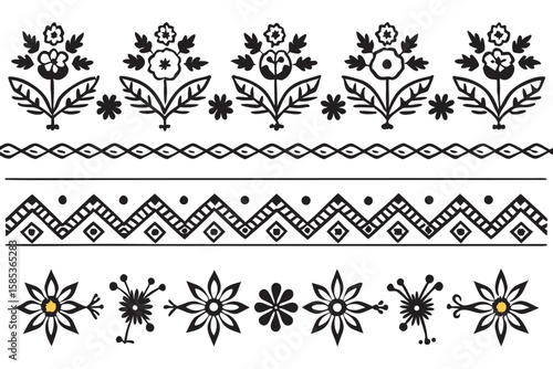 Black and white folk art floral borders and patterns on white background vector