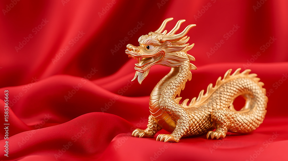Fototapeta premium Golden dragon figurine symbolizing power and good fortune, depicted against a red satin backdrop. Great for Chinese New Year.