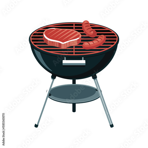 Juicy burgers stakes hotdog grilling on barbecue with vibrant flowers in sunny garden. BBQ concept.